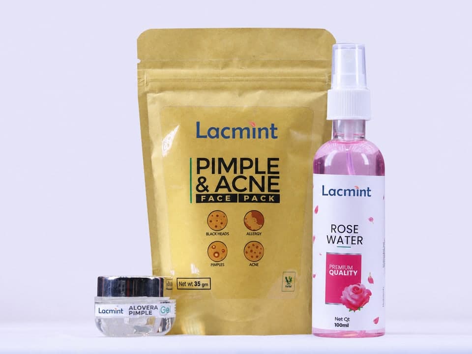 Lacmint herbal face pack, rose water, and aloe pimple gel
