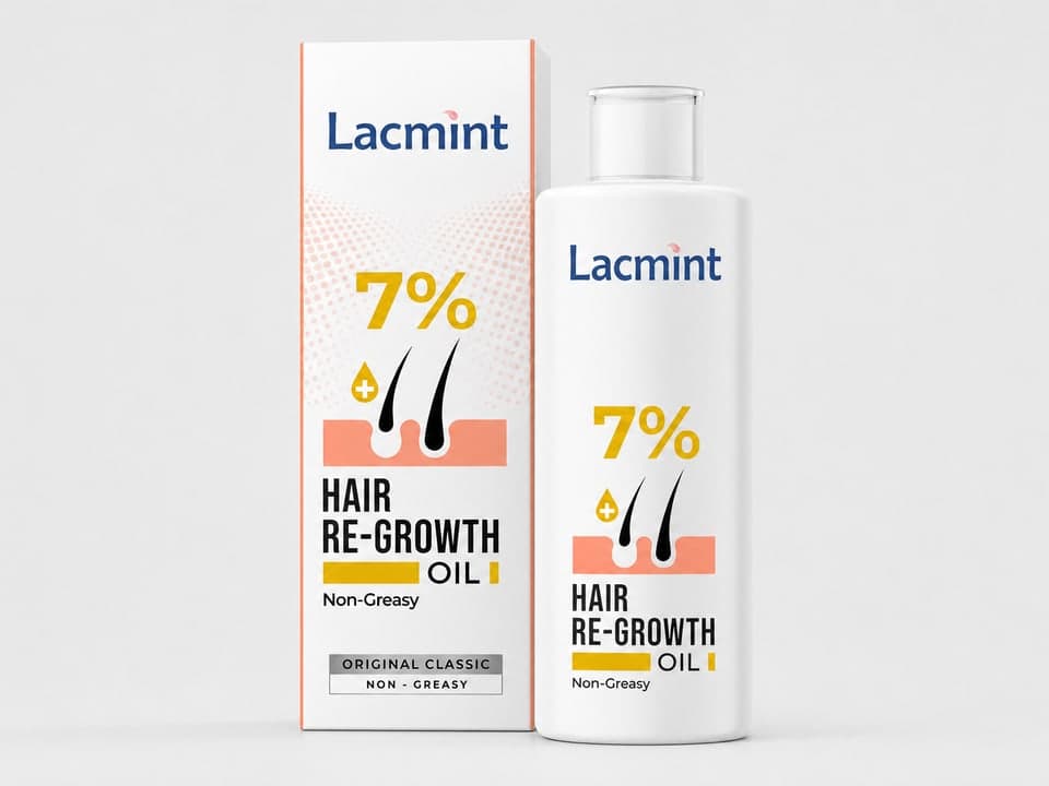 Lacmint hair re-growth oil bottle and packaging